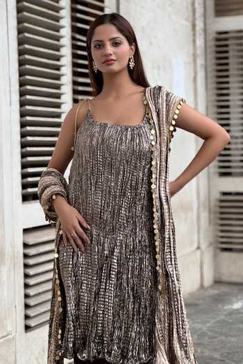 Shop_Etasha By Asha Jain_Black Tissue, Crepe Textured Metallic Kurta Set _at_Aza_Fashions