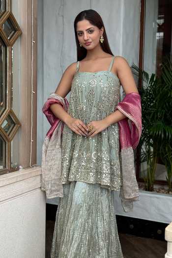 Shop_Etasha By Asha Jain_Blue Tissue Square Neck Mirror Embellished Tang Top Palazzo Set _at_Aza_Fashions