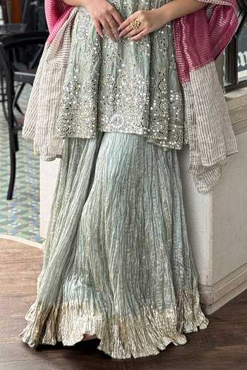 Etasha By Asha Jain_Blue Tissue Square Neck Mirror Embellished Tang Top Palazzo Set _Online_at_Aza_Fashions