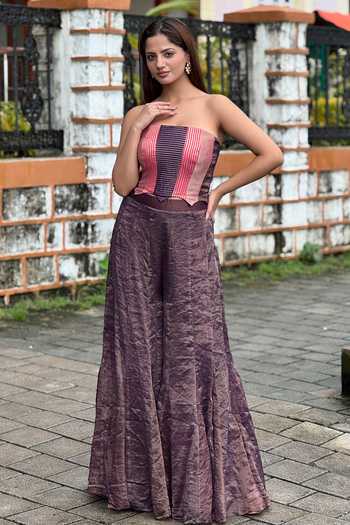 Buy_Etasha By Asha Jain_Pink Tissue Bandeau Neck Striped Panel Corset And Palazzo Set _at_Aza_Fashions