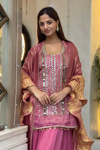 Shop_Etasha By Asha Jain_Pink Organza, Satin, Tissue Scoop Neck Mirror Embellished Kurta Palazzo Set _at_Aza_Fashions