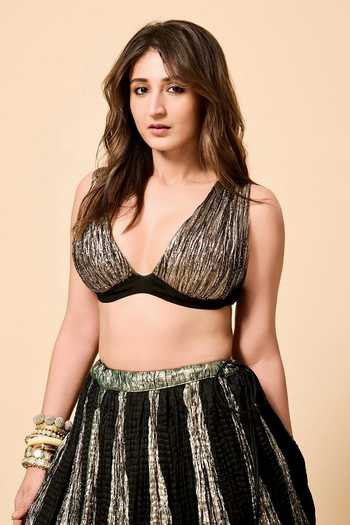 Etasha By Asha Jain_Grey Tissue Plunge Neck Textured Metallic Bustier With Lehenga _Online_at_Aza_Fashions