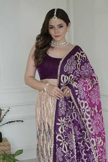 Shop_Etasha By Asha Jain_Magenta Velvet, Tissue, Silk Scoop Neck Textured Lehenga And Bandhani Dupatta Set _at_Aza_Fashions
