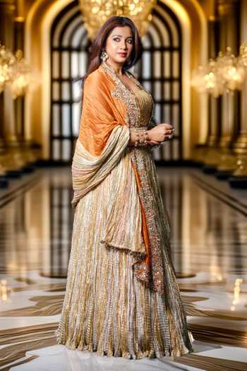 Shop_Etasha By Asha Jain_Gold Tissue Textured Metallic Lehenga Set _at_Aza_Fashions