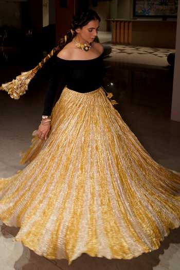 Shop_Etasha By Asha Jain_Black Tissue Off-shoulder Textured Metallic Lehenga And Blouse Set _at_Aza_Fashions