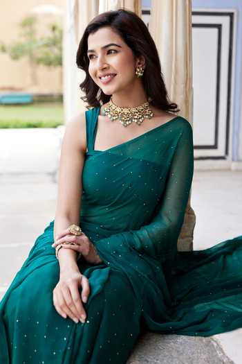 Buy_Geroo Jaipur_Emerald Green Chiffon Square Mukaish Embroidered Pre-draped Saree With Blouse _Online_at_Aza_Fashions