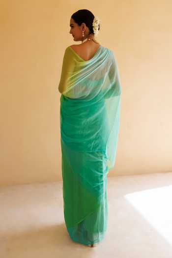 Shop_Geroo Jaipur_Green Chiffon Bandeau Neck Mukaish Work Pre-draped Saree With Blouse _at_Aza_Fashions