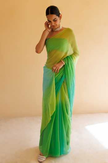 Buy_Geroo Jaipur_Green Chiffon Bandeau Neck Mukaish Work Pre-draped Saree With Blouse _Online_at_Aza_Fashions