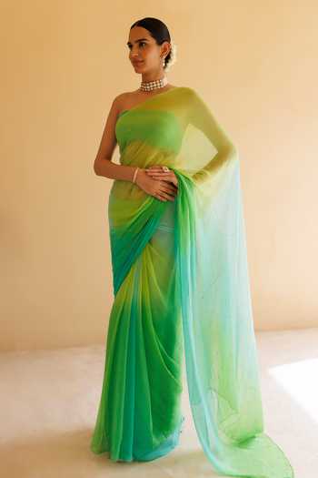 Buy_Geroo Jaipur_Green Chiffon Bandeau Neck Mukaish Work Pre-draped Saree With Blouse _at_Aza_Fashions