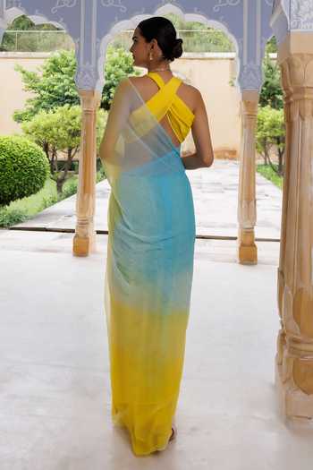 Geroo Jaipur_Blue Chiffon Halter Neck Pre-draped Saree With Blouse _Online_at_Aza_Fashions