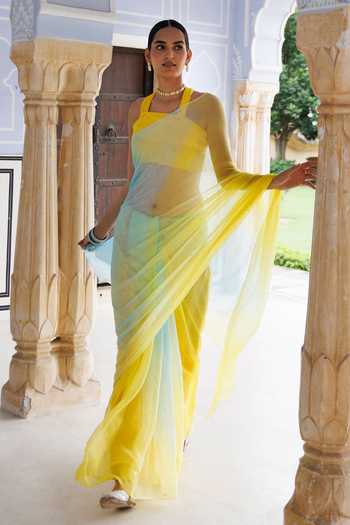 Geroo Jaipur_Blue Chiffon Halter Neck Pre-draped Saree With Blouse _Online