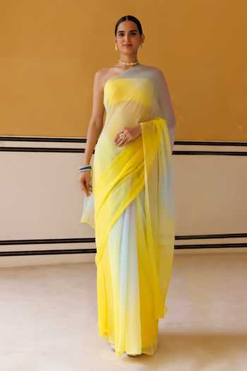 Buy_Geroo Jaipur_Blue Chiffon Bandeau Neck Pre-draped Saree With Blouse _at_Aza_Fashions
