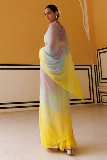 Shop_Geroo Jaipur_Blue Chiffon Bandeau Neck Pre-draped Saree With Blouse _at_Aza_Fashions