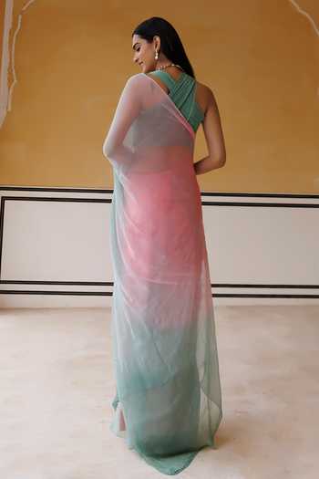 Shop_Geroo Jaipur_Pink Chiffon, Crepe Halter Neck Pre-draped Saree And Blouse Set _at_Aza_Fashions