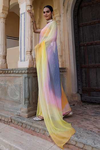 Geroo Jaipur_Multi Color Chiffon Bandeau Neck Pre-draped Saree With Blouse _Online_at_Aza_Fashions