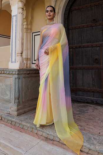 Buy_Geroo Jaipur_Multi Color Chiffon Bandeau Neck Pre-draped Saree With Blouse _at_Aza_Fashions