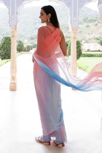 Shop_Geroo Jaipur_Pink Chiffon Square Neck Pre-draped Saree And Blouse Set _at_Aza_Fashions
