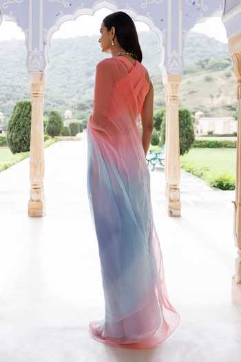 Geroo Jaipur_Pink Chiffon Square Neck Pre-draped Saree And Blouse Set _Online_at_Aza_Fashions