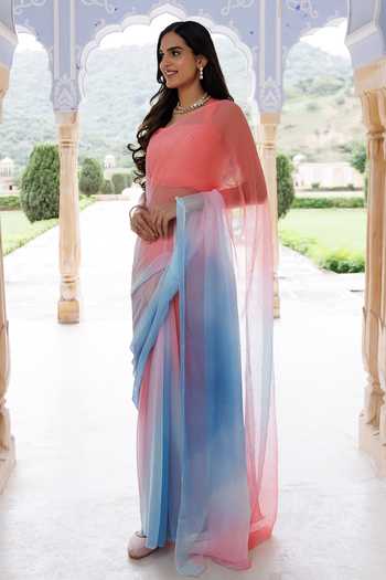 Shop_Geroo Jaipur_Pink Chiffon Square Neck Pre-draped Saree And Blouse Set _Online_at_Aza_Fashions