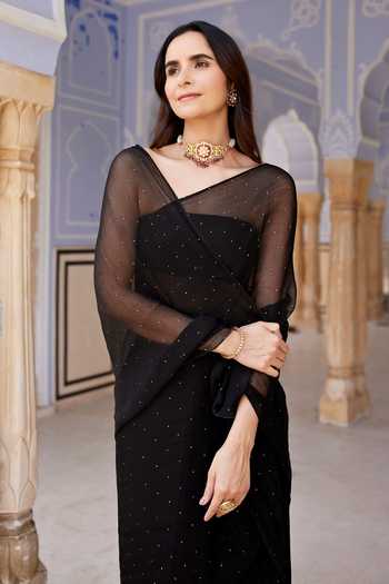 Buy_Geroo Jaipur_Black Chiffon Bandeau Neck Mukaish Embroidered Pre-draped Saree With Blouse _Online_at_Aza_Fashions