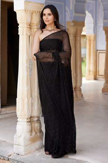 Shop_Geroo Jaipur_Black Chiffon Bandeau Neck Mukaish Embroidered Pre-draped Saree With Blouse _Online_at_Aza_Fashions