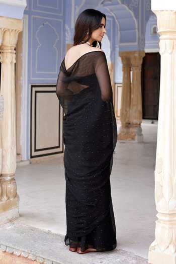 Geroo Jaipur_Black Chiffon Bandeau Neck Mukaish Embroidered Pre-draped Saree With Blouse _Online_at_Aza_Fashions