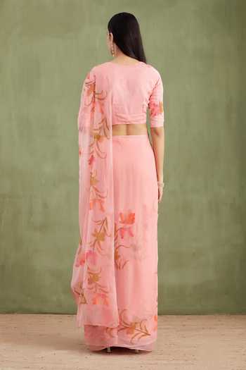 Shop_Geroo Jaipur_Pink Chiffon V-neck Handpainted Pre-draped Saree And Blouse Set _at_Aza_Fashions