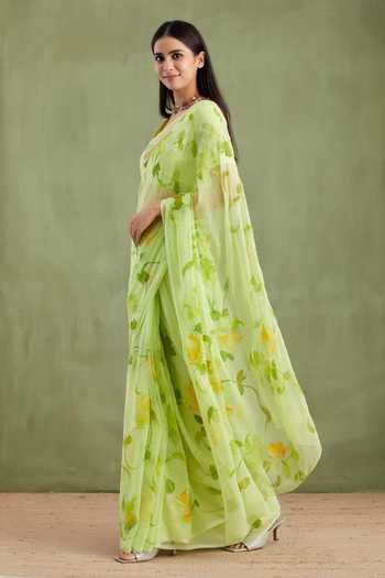 Shop_Geroo Jaipur_Green Chiffon V-neck Handpainted Saree And Blouse Set _Online_at_Aza_Fashions