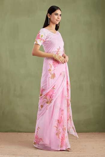 Shop_Geroo Jaipur_Pink Chiffon Round Neck Handpainted Pre-draped Saree With Blouse _Online_at_Aza_Fashions