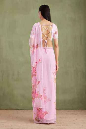 Geroo Jaipur_Pink Chiffon Round Neck Handpainted Pre-draped Saree With Blouse _Online_at_Aza_Fashions