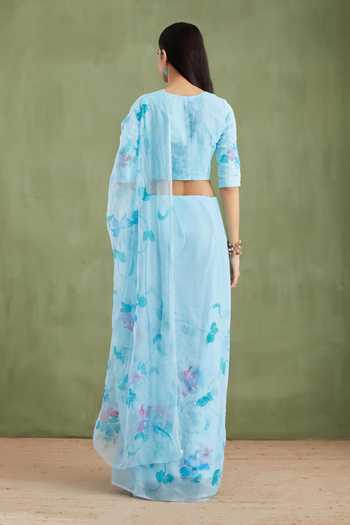 Shop_Geroo Jaipur_Blue Chiffon V-neck Floral Handpainted Pre-draped Saree With Blouse _at_Aza_Fashions