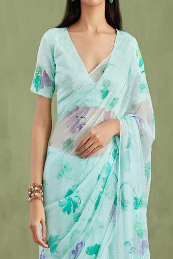 Buy_Geroo Jaipur_Blue Chiffon V-neck Handpainted Pre-draped Saree With Blouse _Online_at_Aza_Fashions
