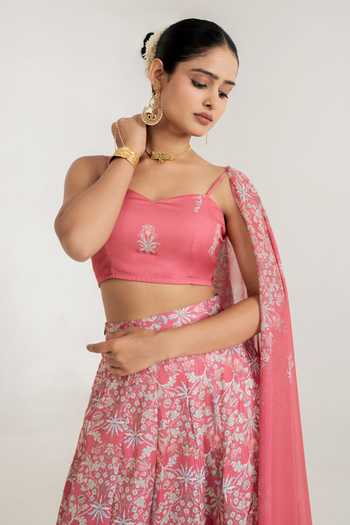 Pasha India_Pink Satin Square Neck Floral Print Lehenga Set _Online_at_Aza_Fashions