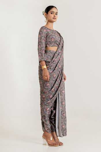 Pasha India_Grey Satin Round Neck Botanical Print Dhoti Pant Saree With Blouse _Online_at_Aza_Fashions
