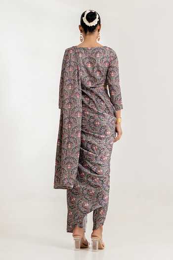 Shop_Pasha India_Grey Satin Round Neck Botanical Print Dhoti Pant Saree With Blouse _at_Aza_Fashions
