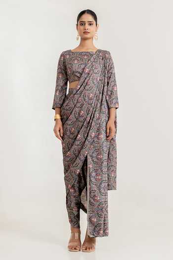 Buy_Pasha India_Grey Satin Round Neck Botanical Print Dhoti Pant Saree With Blouse _Online_at_Aza_Fashions