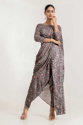 Buy_Pasha India_Grey Satin Round Neck Botanical Print Dhoti Pant Saree With Blouse _at_Aza_Fashions