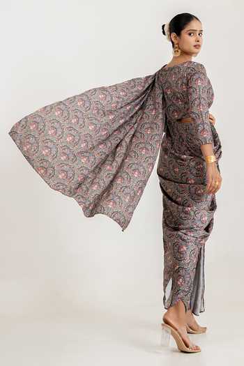 Shop_Pasha India_Grey Satin Round Neck Botanical Print Dhoti Pant Saree With Blouse _Online_at_Aza_Fashions