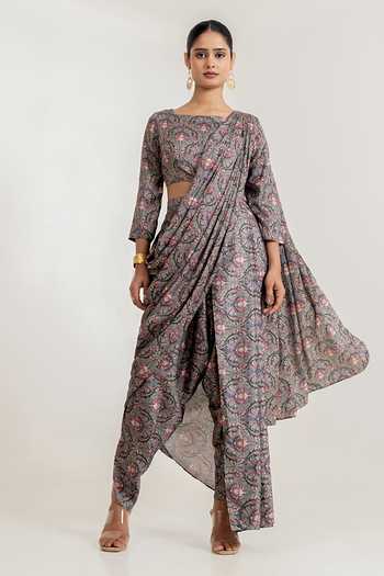 Pasha India_Grey Satin Round Neck Botanical Print Dhoti Pant Saree With Blouse _at_Aza_Fashions
