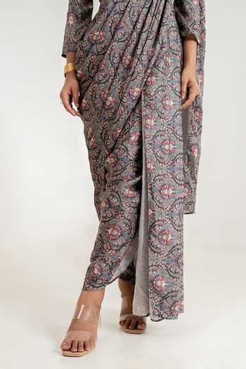 Buy_Pasha India_Grey Satin Round Neck Botanical Print Dhoti Pant Saree With Blouse 