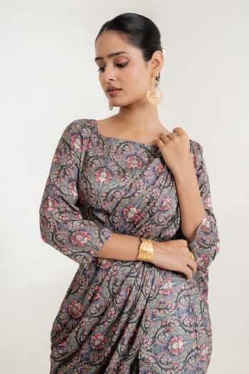 Shop_Pasha India_Grey Satin Round Neck Botanical Print Dhoti Pant Saree With Blouse 