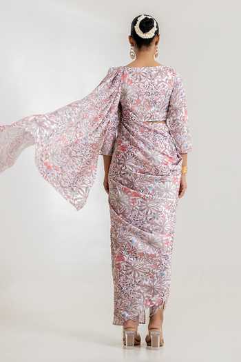 Shop_Pasha India_Pink Satin Round Neck Garden Print Dhoti Pant Saree With Blouse _at_Aza_Fashions