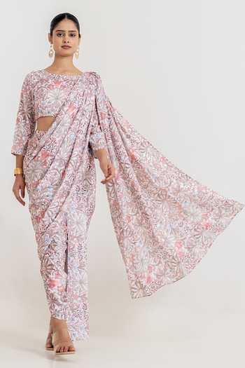Buy_Pasha India_Pink Satin Round Neck Garden Print Dhoti Pant Saree With Blouse _at_Aza_Fashions
