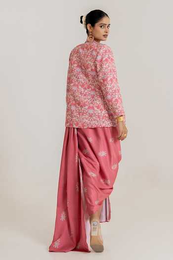 Shop_Pasha India_Pink Satin Dusty Rose Printed Draped Saree Gown With Blazer _at_Aza_Fashions