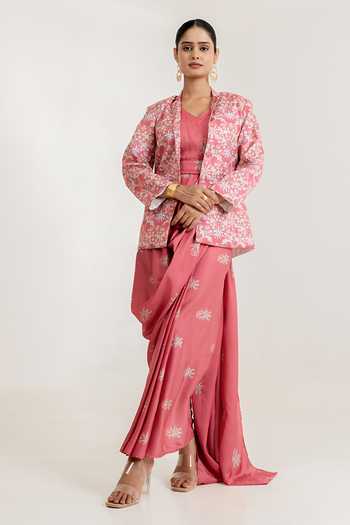 Buy_Pasha India_Pink Satin Dusty Rose Printed Draped Saree Gown With Blazer _at_Aza_Fashions