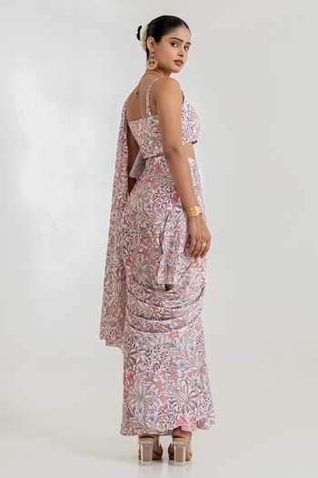 Shop_Pasha India_White Satin V-neck Garden Print Pre-draped Saree With Blouse _at_Aza_Fashions