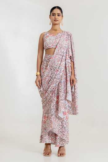 Buy_Pasha India_White Satin V-neck Garden Print Pre-draped Saree With Blouse _Online_at_Aza_Fashions