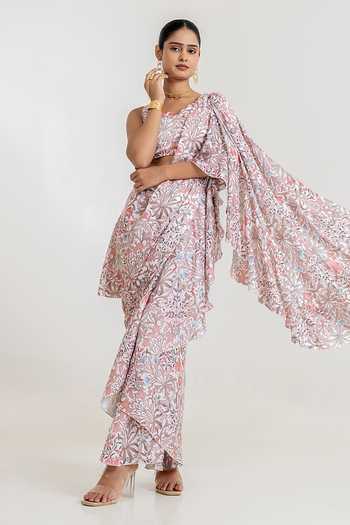 Buy_Pasha India_White Satin V-neck Garden Print Pre-draped Saree With Blouse _at_Aza_Fashions