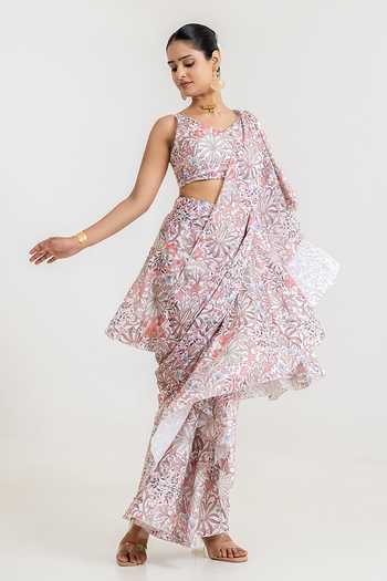 Shop_Pasha India_White Satin V-neck Garden Print Pre-draped Saree With Blouse _Online_at_Aza_Fashions