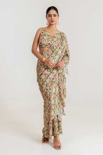 Buy_Pasha India_Green Satin V-neck Tiered Printed Pre-draped Saree And Blouse Set _at_Aza_Fashions